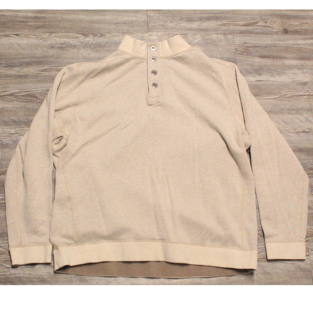 Tommy Bahama Mens Beige Cotton Tencel Mock Neck 4-Button Back Sweatshirt